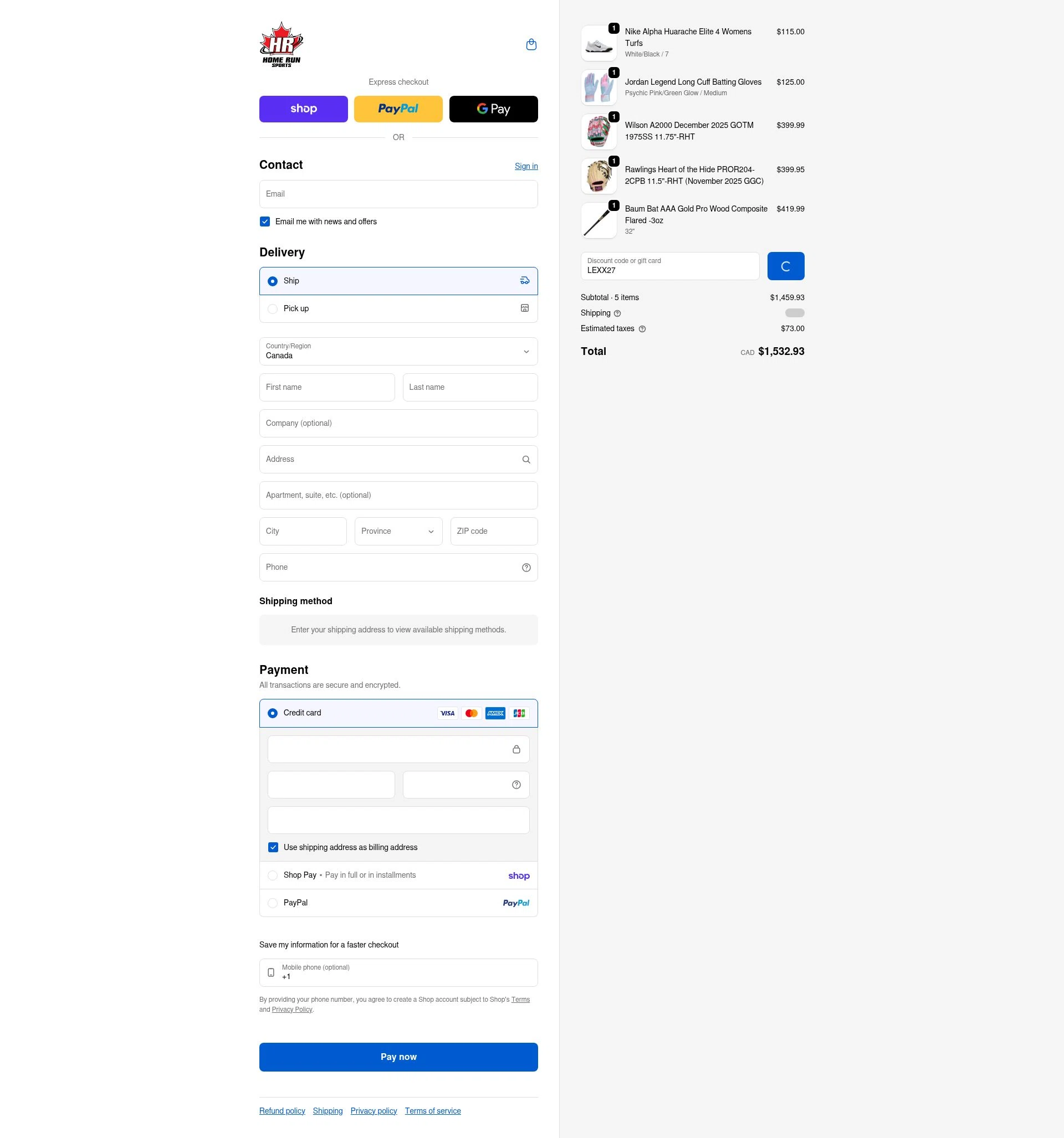 Home Run Sports checkout page showing Home Run Sports promo code box | Screenshot taken by SimplyCodes community member on Feb 18, 2026