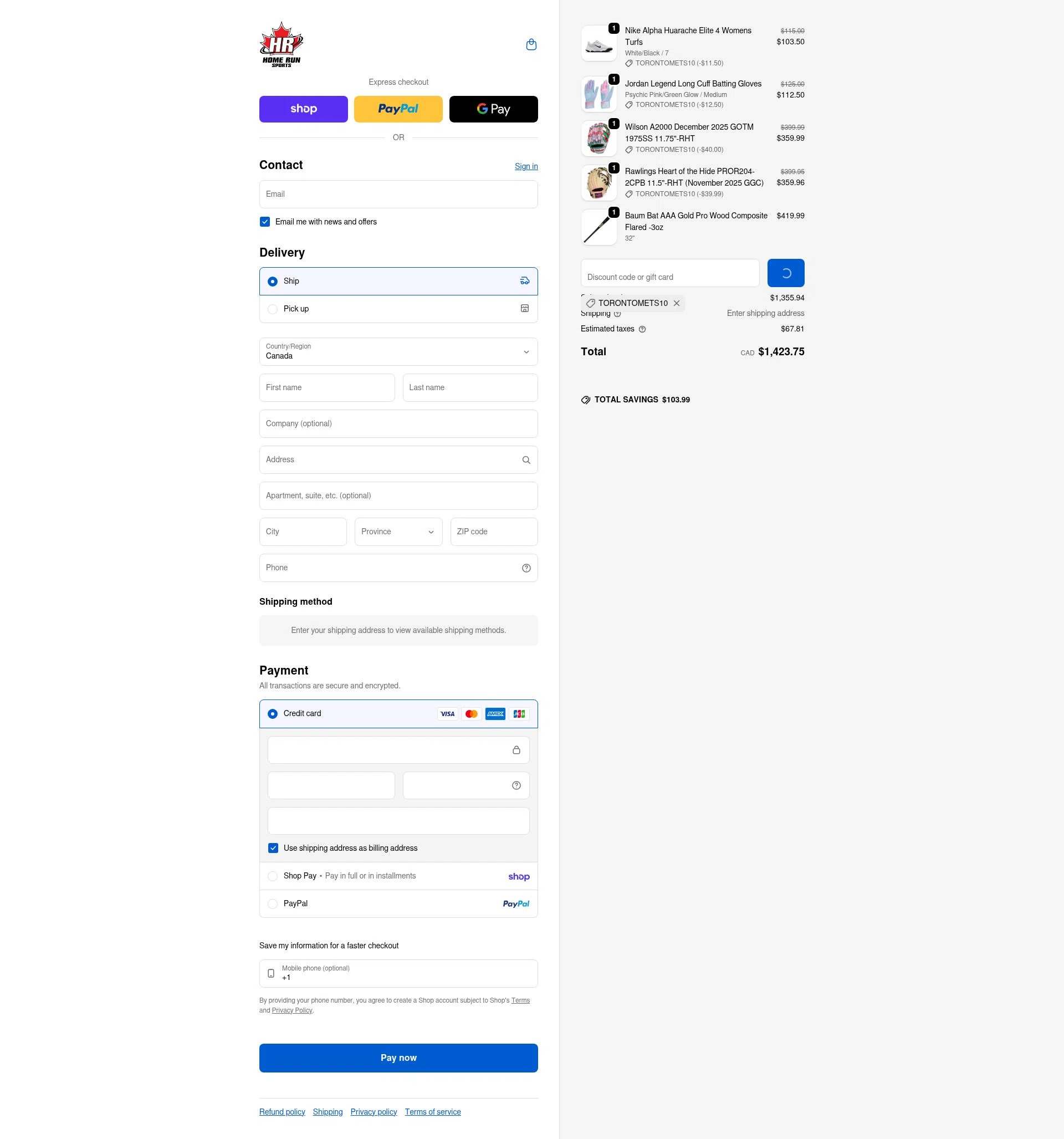 Home Run Sports checkout page showing Home Run Sports promo code box | Screenshot taken by SimplyCodes community member on Feb 14, 2026