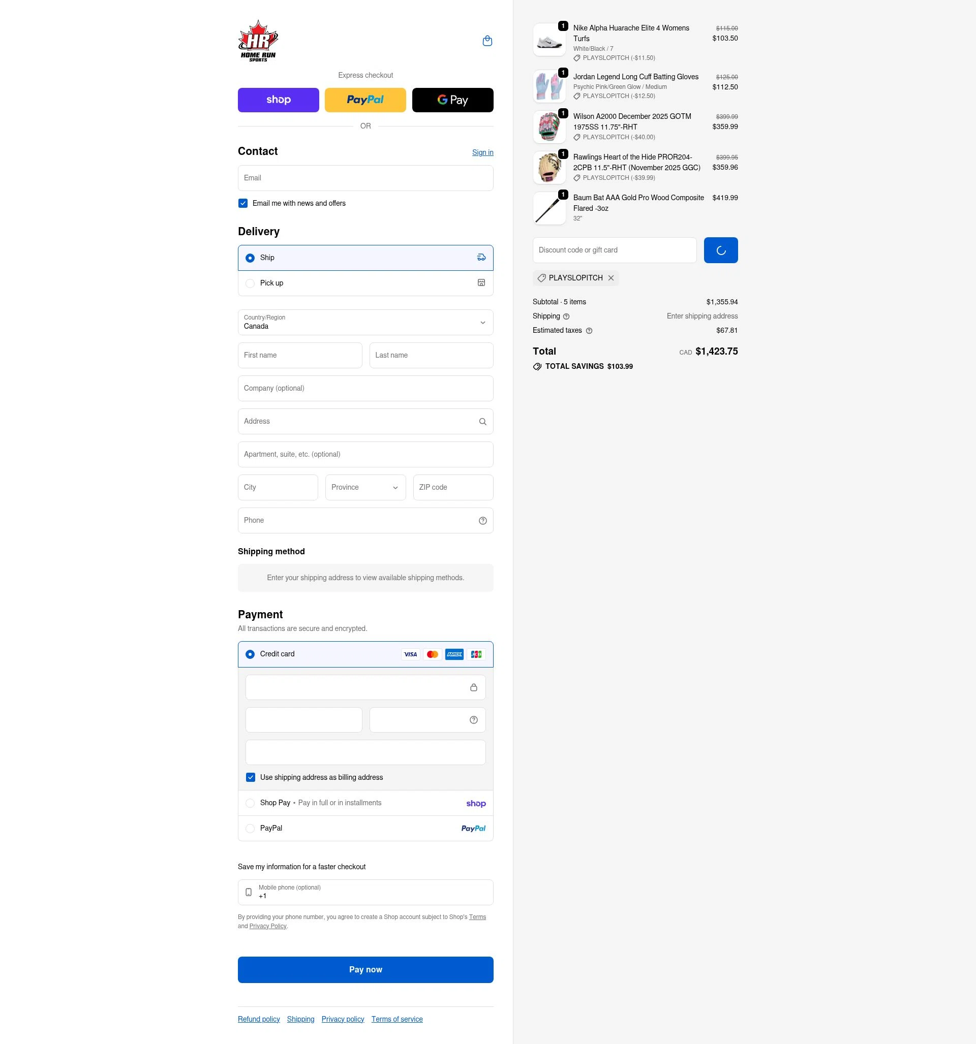Home Run Sports checkout page showing Home Run Sports promo code box | Screenshot taken by SimplyCodes community member on Feb 14, 2026