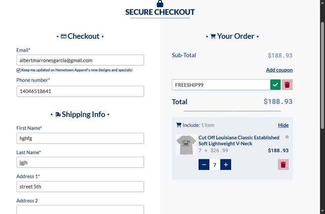 Hometown Apparel checkout page showing Hometown Apparel coupon code box | Screenshot taken by SimplyCodes community member on Jun 28, 2025
