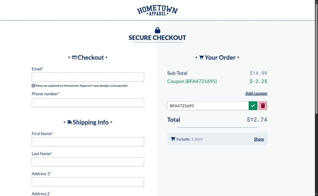 Hometown Apparel checkout page showing Hometown Apparel coupon code box | Screenshot taken by SimplyCodes community member on Jun 5, 2025