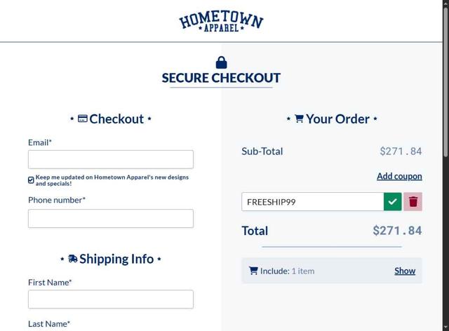 Hometown Apparel checkout page showing Hometown Apparel coupon code box | Screenshot taken by SimplyCodes community member on Aug 25, 2025