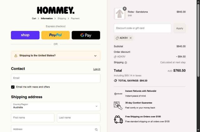 Hommey checkout page showing Hommey discount code box | Screenshot taken by SimplyCodes community member on Sep 4, 2025