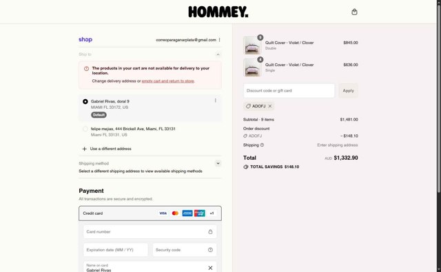 Hommey checkout page showing Hommey discount code box | Screenshot taken by SimplyCodes community member on Sep 6, 2025