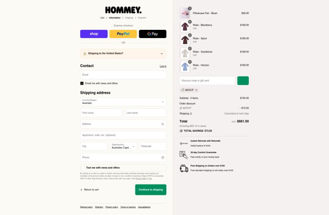 Hommey checkout page showing Hommey discount code box | Screenshot taken by SimplyCodes community member on Sep 4, 2025