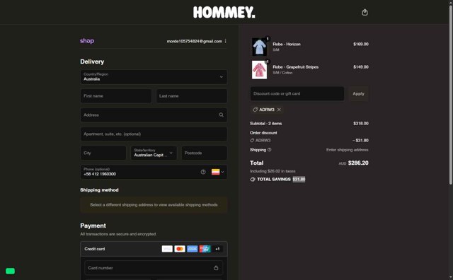 Hommey checkout page showing Hommey discount code box | Screenshot taken by SimplyCodes community member on Sep 2, 2025