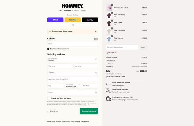Hommey checkout page showing Hommey discount code box | Screenshot taken by SimplyCodes community member on Sep 4, 2025