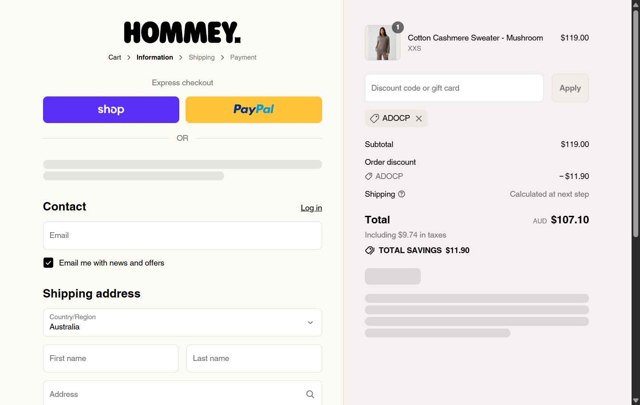 Hommey checkout page showing Hommey discount code box | Screenshot taken by SimplyCodes community member on Sep 4, 2025