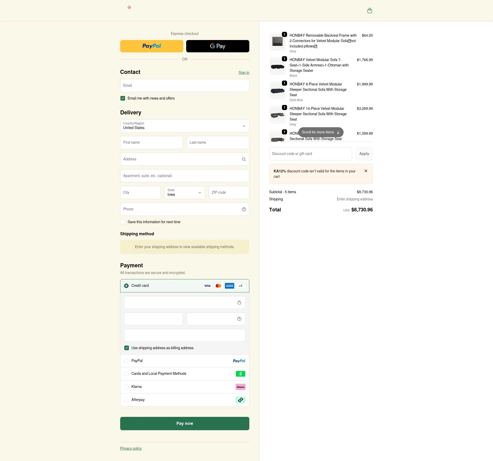 HONBAY checkout page showing HONBAY discount code box | Screenshot taken by SimplyCodes community member on Feb 7, 2026
