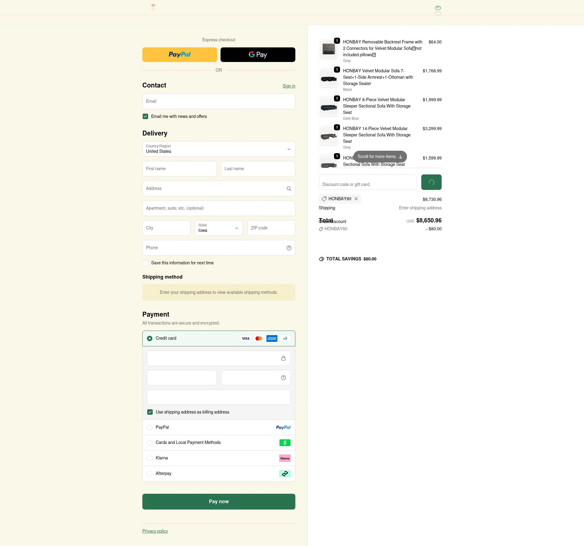 HONBAY checkout page showing HONBAY discount code box | Screenshot taken by SimplyCodes community member on Feb 7, 2026
