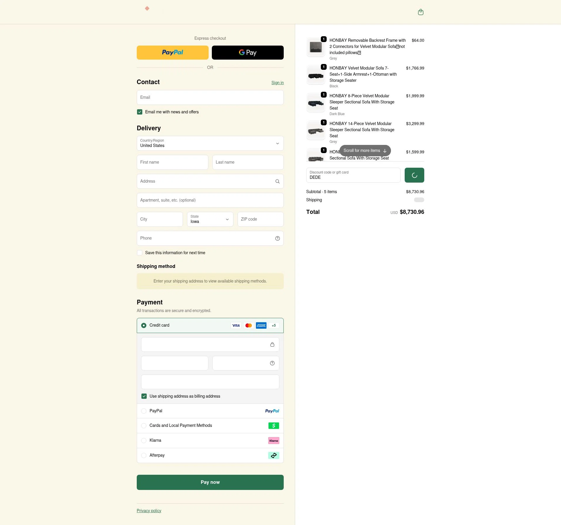 HONBAY checkout page showing HONBAY discount code box | Screenshot taken by SimplyCodes community member on Feb 7, 2026