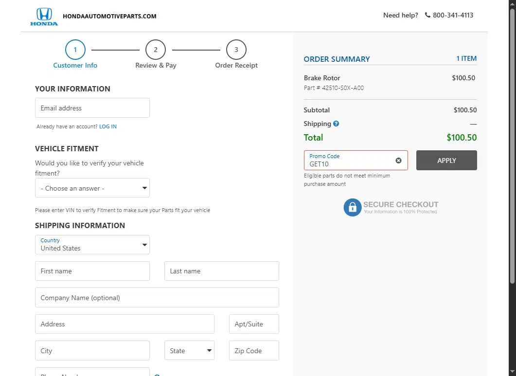 Honda Automotive Parts checkout page showing Honda Automotive Parts promo code box | Screenshot taken by SimplyCodes community member on Jun 23, 2025