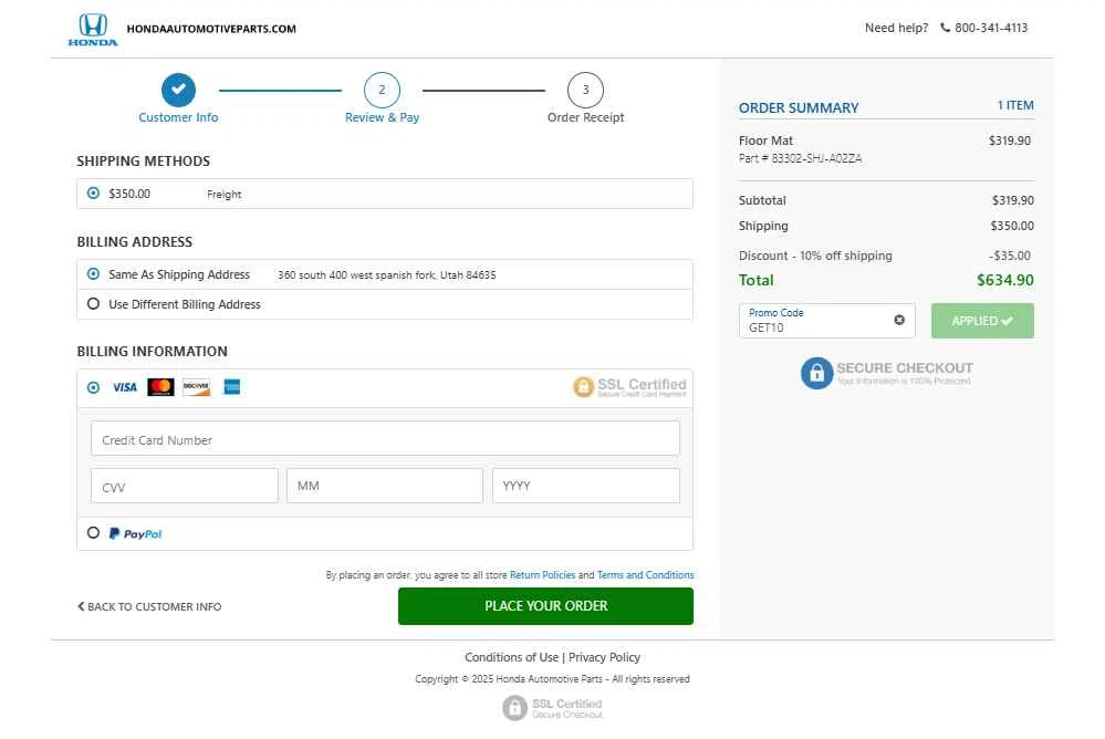 Honda Automotive Parts checkout page showing Honda Automotive Parts promo code box | Screenshot taken by SimplyCodes community member on Jul 8, 2025