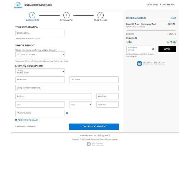 Honda Automotive Parts checkout page showing Honda Automotive Parts promo code box | Screenshot taken by SimplyCodes community member on May 24, 2025