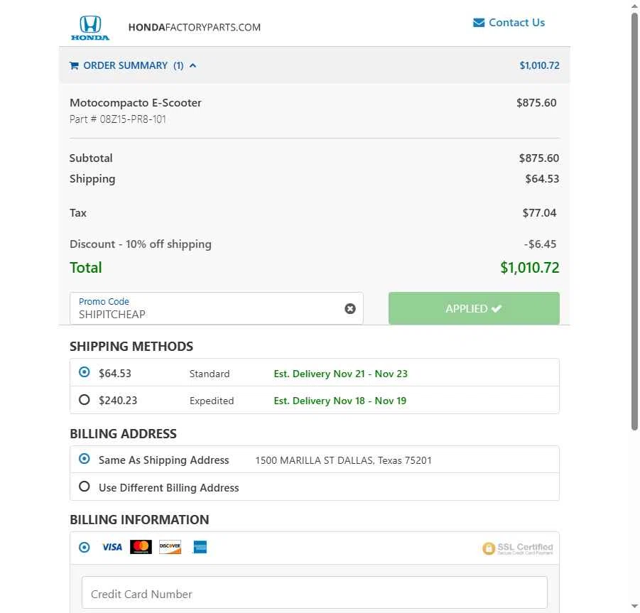 Honda Factory Parts checkout page showing Honda Factory Parts promo code box | Screenshot taken by SimplyCodes community member on Nov 12, 2025