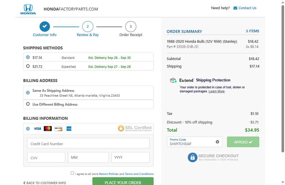 Honda Factory Parts checkout page showing Honda Factory Parts promo code box | Screenshot taken by SimplyCodes community member on Sep 15, 2025