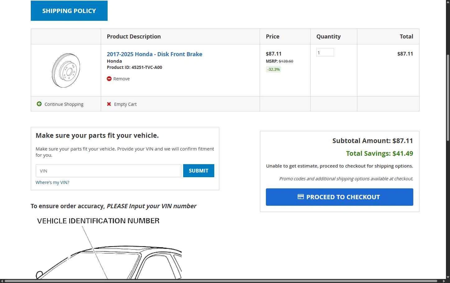 Honda Parts Connection checkout page showing Honda Parts Connection promo code box | Screenshot taken by SimplyCodes community member on Jan 12, 2026