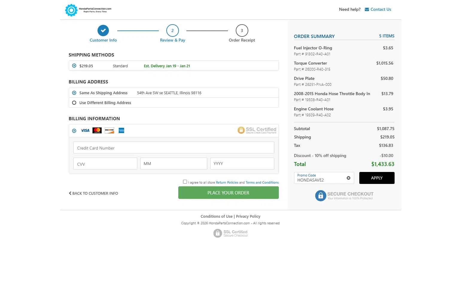 Honda Parts Connection checkout page showing Honda Parts Connection promo code box | Screenshot taken by SimplyCodes community member on Jan 12, 2026