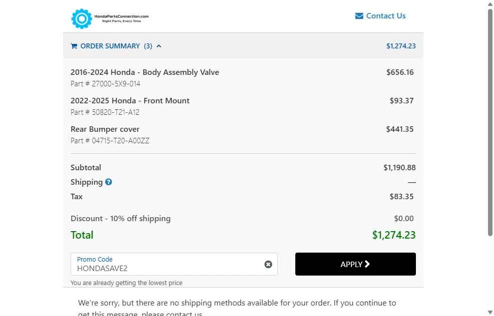 Honda Parts Connection checkout page showing Honda Parts Connection promo code box | Screenshot taken by SimplyCodes community member on Feb 22, 2026