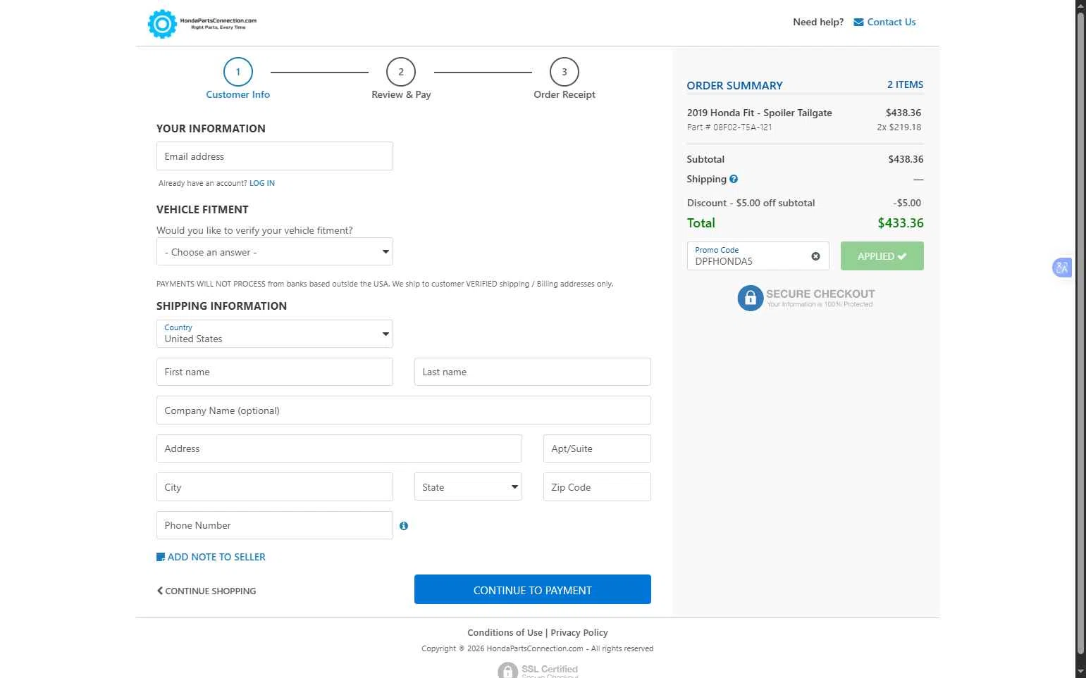 Honda Parts Connection checkout page showing Honda Parts Connection promo code box | Screenshot taken by SimplyCodes community member on Jan 27, 2026