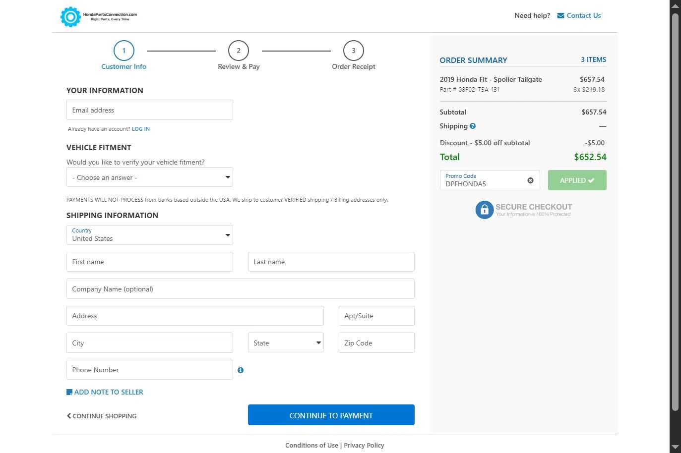 Honda Parts Connection checkout page showing Honda Parts Connection promo code box | Screenshot taken by SimplyCodes community member on Jan 12, 2026