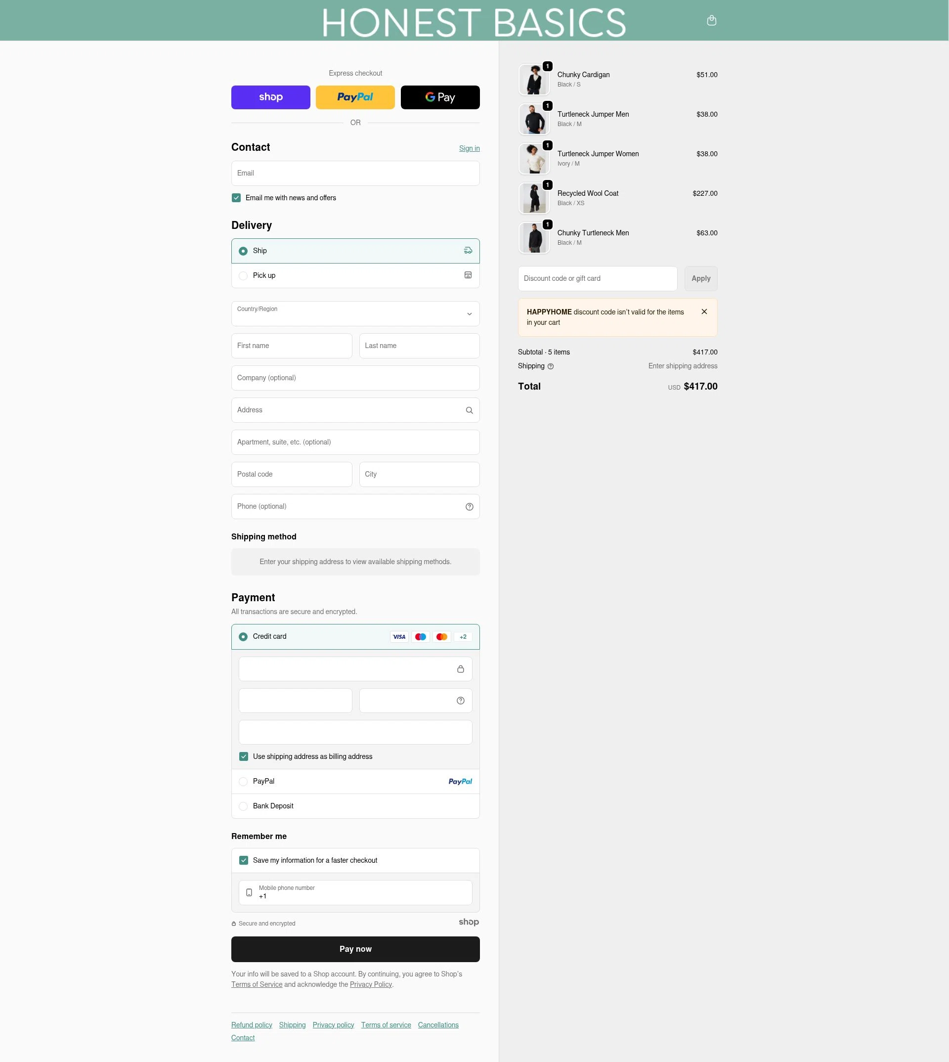 Honest Basics checkout page showing Honest Basics discount code box | Screenshot taken by SimplyCodes community member on Dec 28, 2025