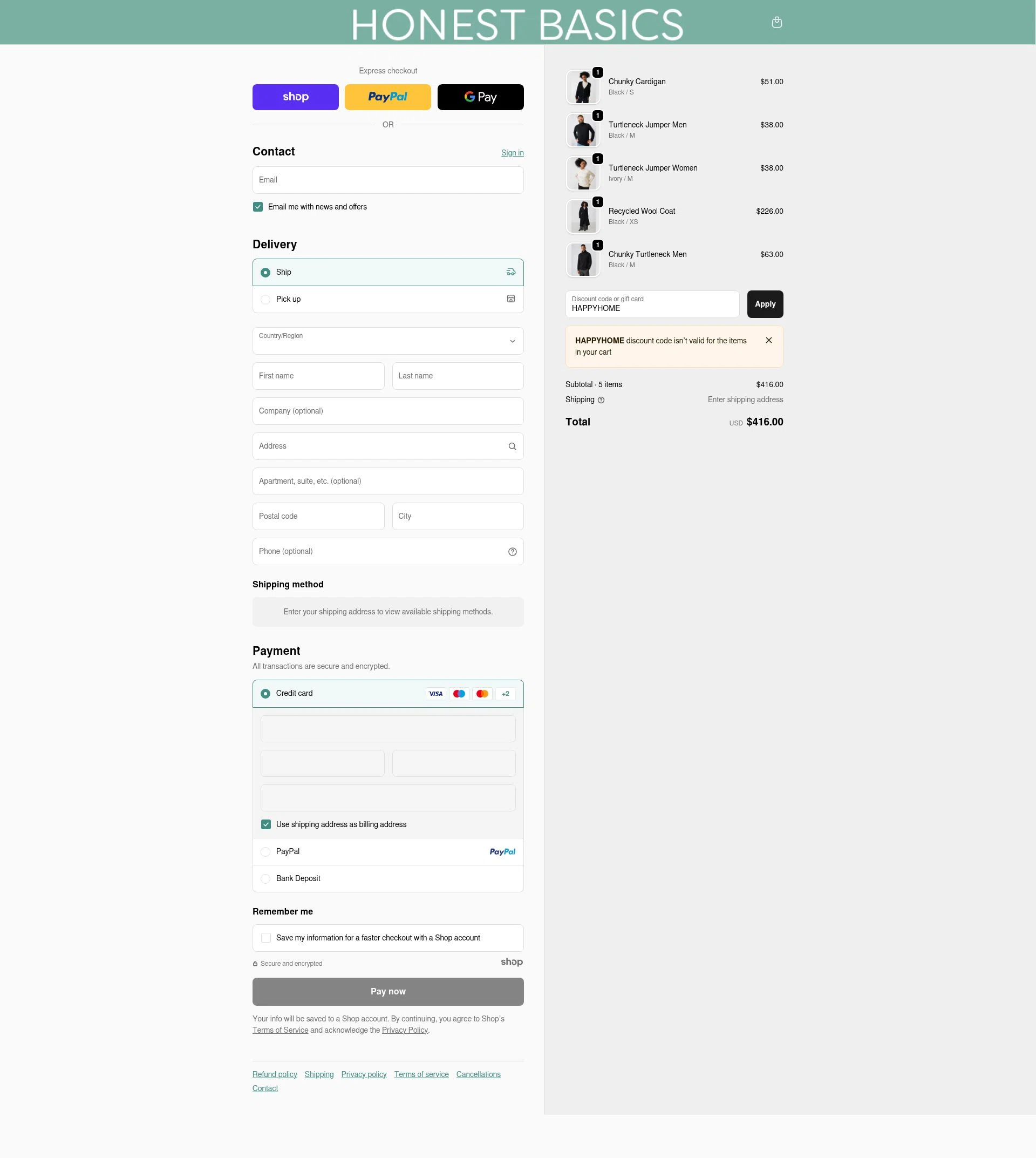 Honest Basics checkout page showing Honest Basics discount code box | Screenshot taken by SimplyCodes community member on Dec 11, 2025