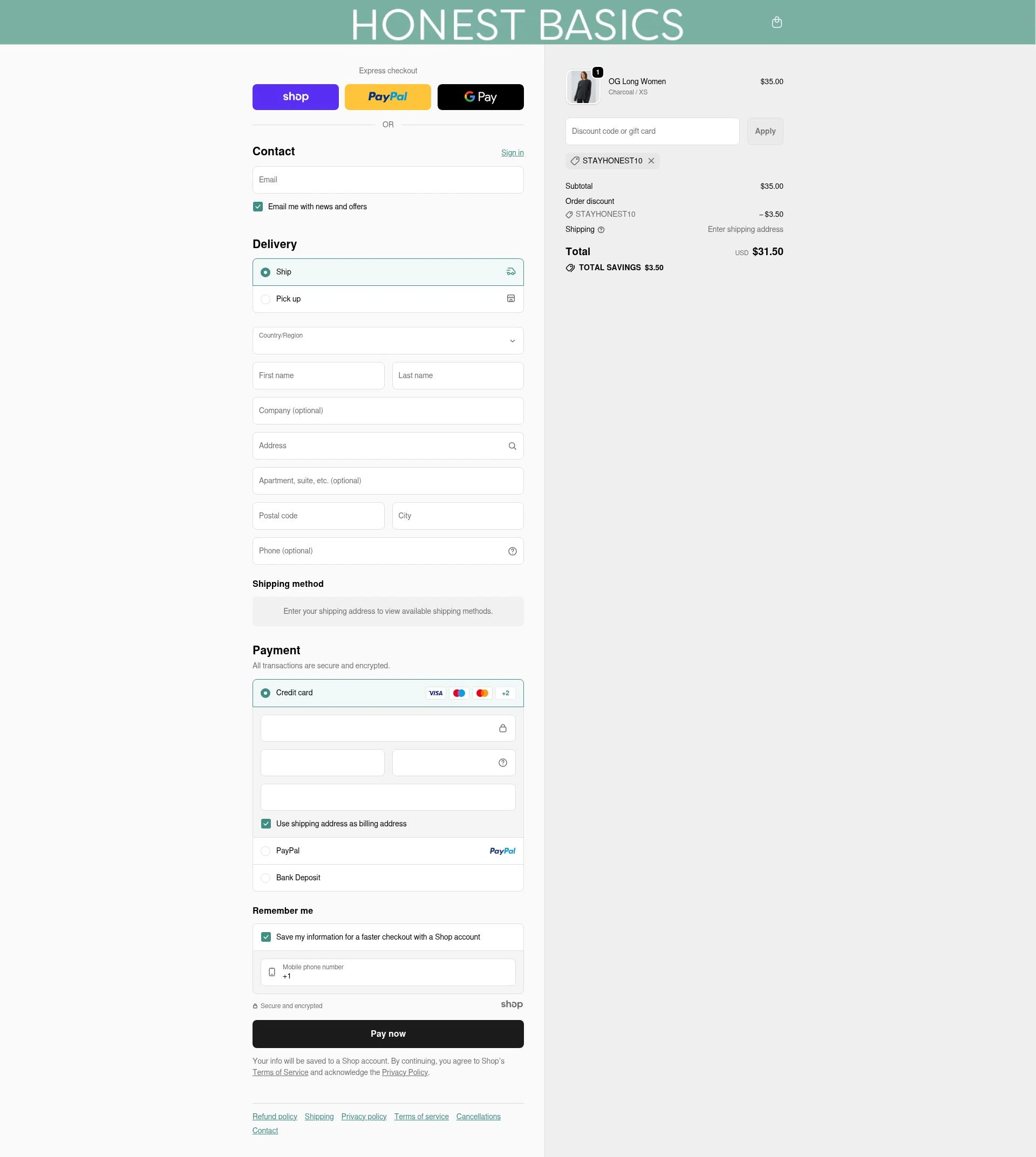 Honest Basics checkout page showing Honest Basics discount code box | Screenshot taken by SimplyCodes community member on Dec 5, 2025