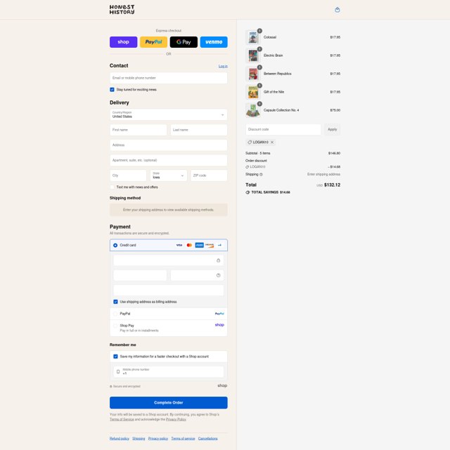 Honest History checkout page showing Honest History discount code box | Screenshot taken by SimplyCodes community member on Sep 4, 2025