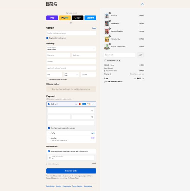 Honest History checkout page showing Honest History discount code box | Screenshot taken by SimplyCodes community member on Sep 4, 2025