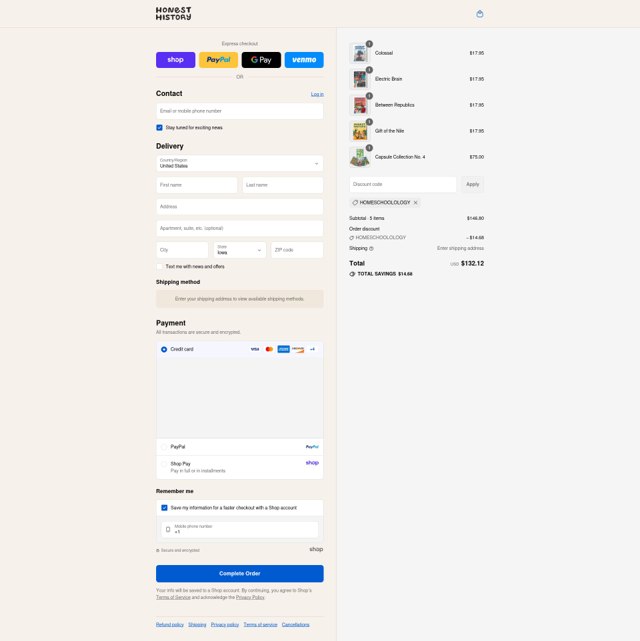 Honest History checkout page showing Honest History discount code box | Screenshot taken by SimplyCodes community member on Sep 4, 2025