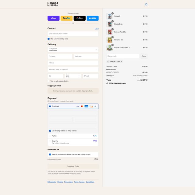 Honest History checkout page showing Honest History discount code box | Screenshot taken by SimplyCodes community member on Sep 4, 2025
