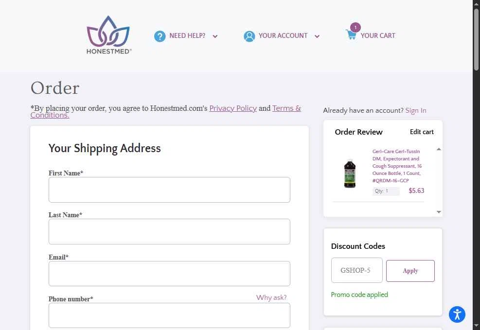 Honest Medical checkout page showing Honest Medical coupon code box | Screenshot taken by SimplyCodes community member on Dec 8, 2025