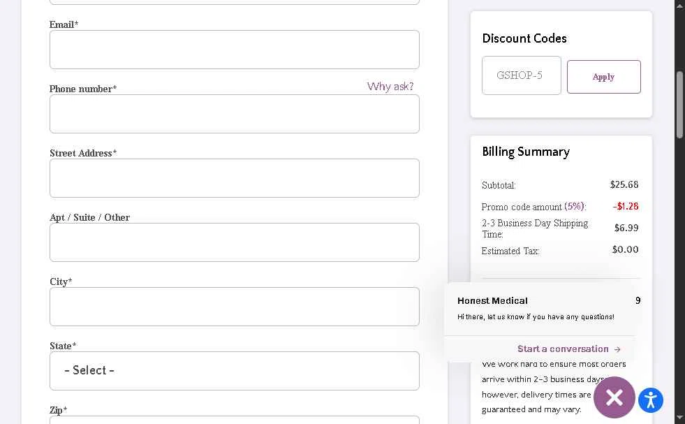 Honest Medical checkout page showing Honest Medical coupon code box | Screenshot taken by SimplyCodes community member on Jan 20, 2026