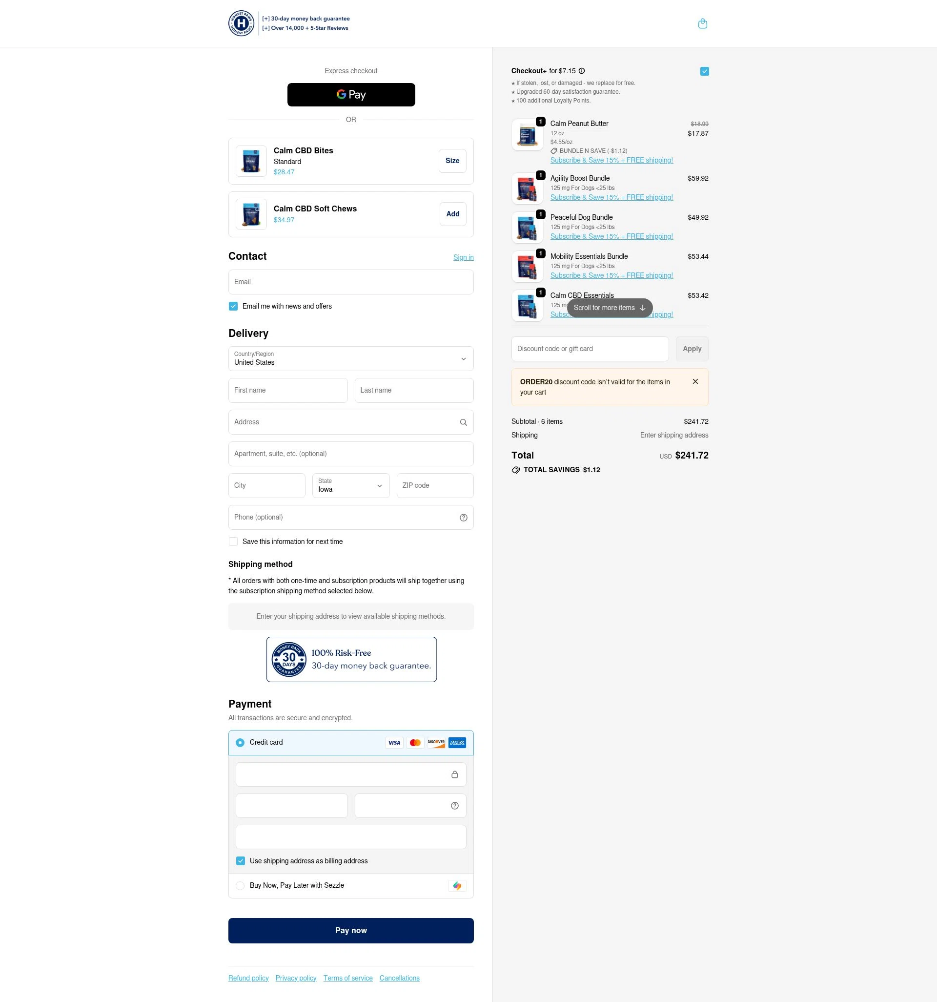 Honest Paws checkout page showing Honest Paws discount code box | Screenshot taken by SimplyCodes community member on Feb 14, 2026