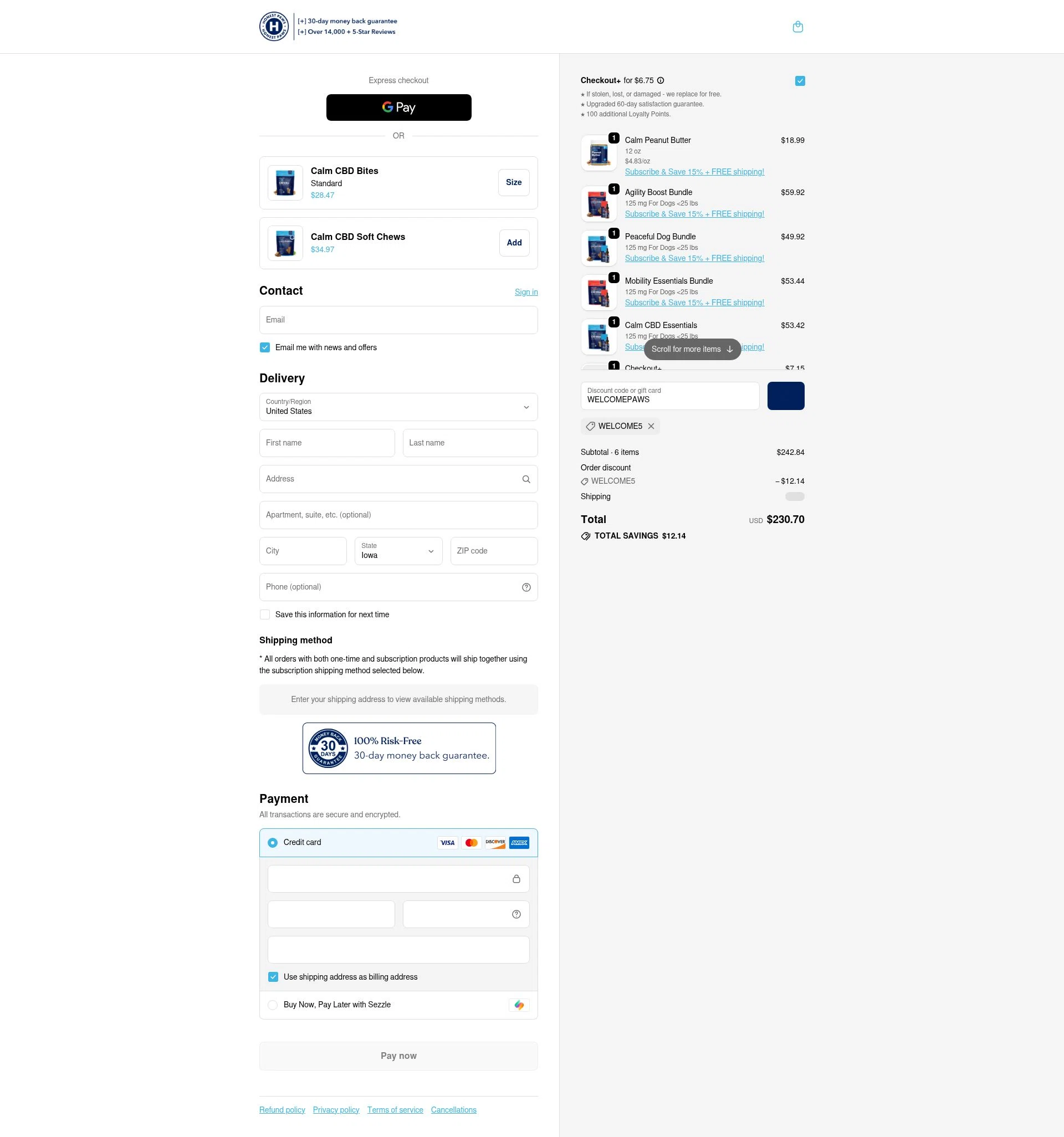 Honest Paws checkout page showing Honest Paws discount code box | Screenshot taken by SimplyCodes community member on Feb 14, 2026