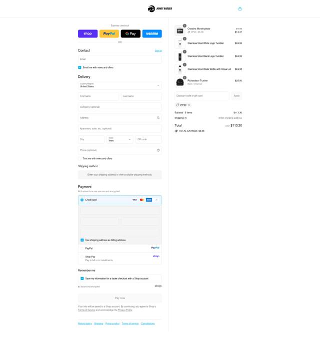 Honey Badger checkout page showing Honey Badger discount code box | Screenshot taken by SimplyCodes community member on Sep 14, 2025