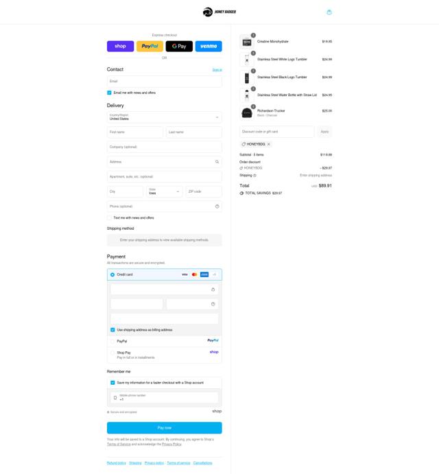 Honey Badger checkout page showing Honey Badger discount code box | Screenshot taken by SimplyCodes community member on Sep 14, 2025