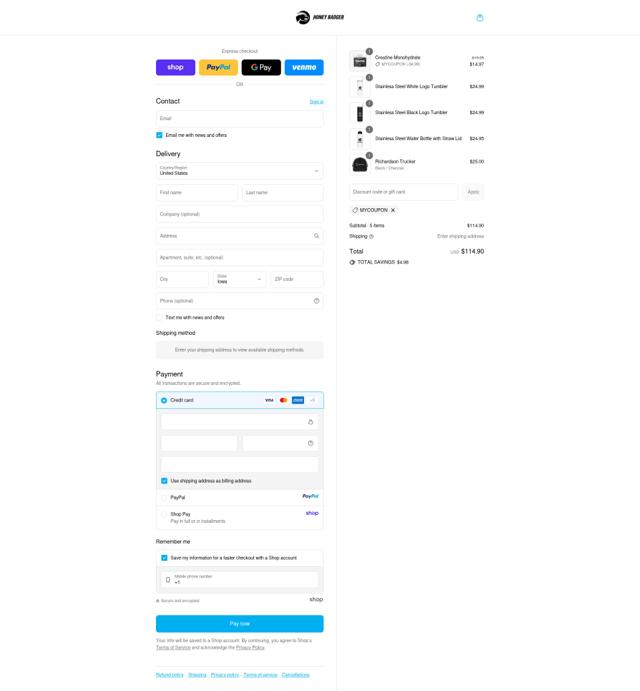Honey Badger checkout page showing Honey Badger discount code box | Screenshot taken by SimplyCodes community member on Sep 14, 2025