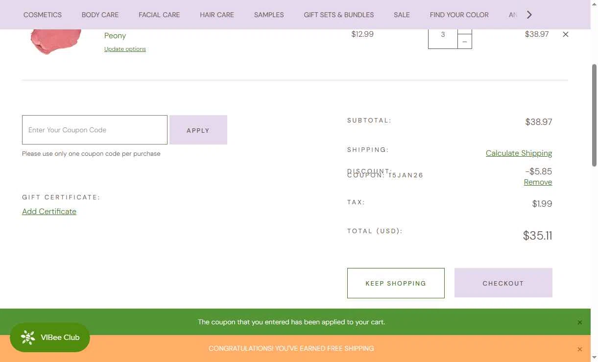 Honeybee Gardens checkout page showing Honeybee Gardens coupon code box | Screenshot taken by SimplyCodes community member on Jan 22, 2026