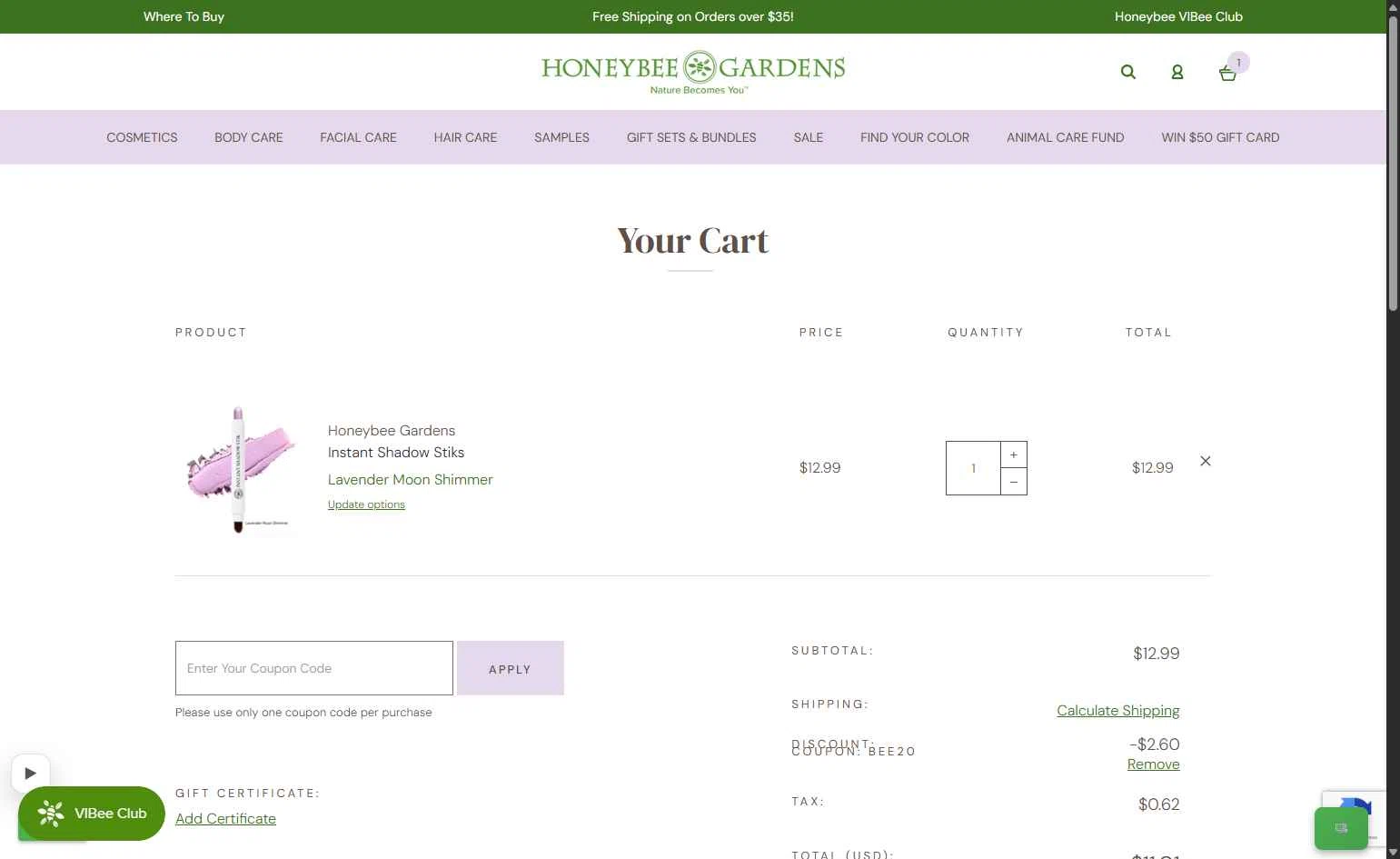 Honeybee Gardens checkout page showing Honeybee Gardens coupon code box | Screenshot taken by SimplyCodes community member on Jan 29, 2026