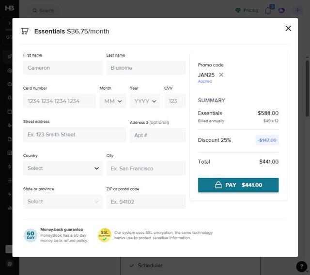 Honeybook checkout page showing Honeybook promo code box | Screenshot taken by SimplyCodes community member on Sep 8, 2025