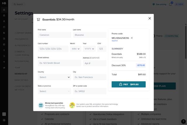 Honeybook checkout page showing Honeybook promo code box | Screenshot taken by SimplyCodes community member on Aug 18, 2025