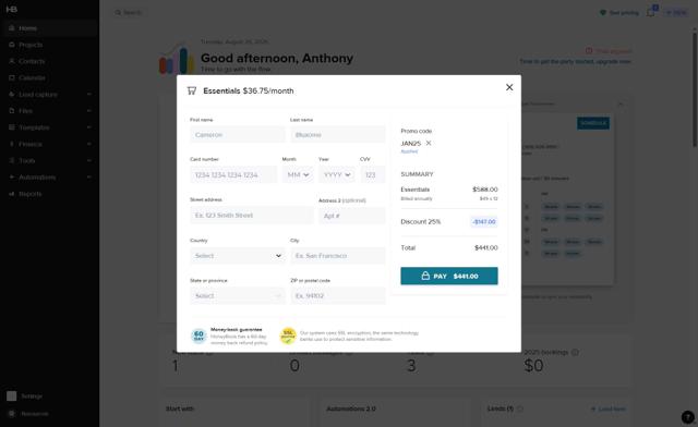 Honeybook checkout page showing Honeybook promo code box | Screenshot taken by SimplyCodes community member on Aug 26, 2025