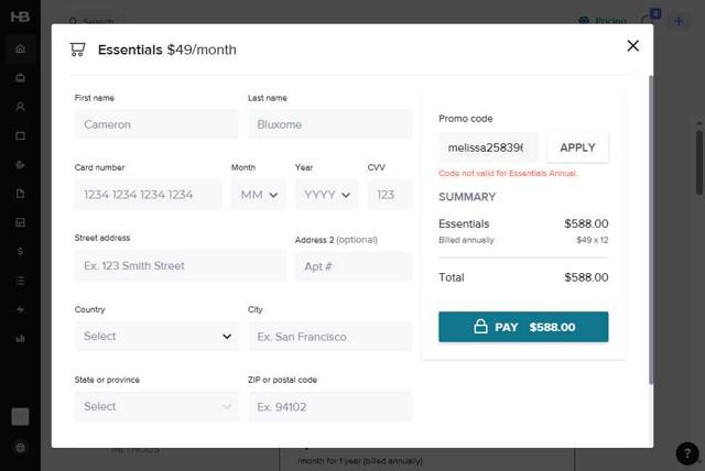 Honeybook checkout page showing Honeybook promo code box | Screenshot taken by SimplyCodes community member on Aug 12, 2025