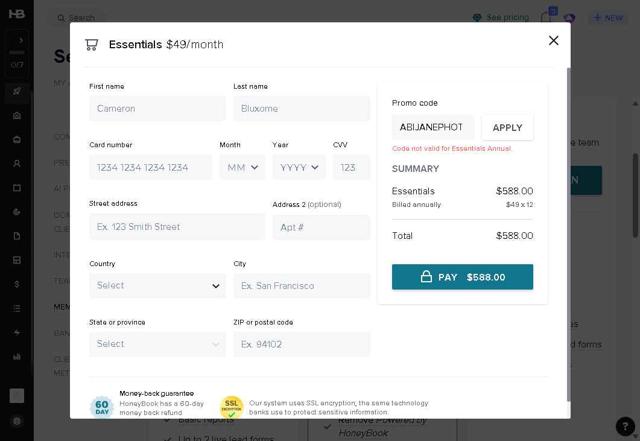 Honeybook checkout page showing Honeybook promo code box | Screenshot taken by SimplyCodes community member on Aug 28, 2025