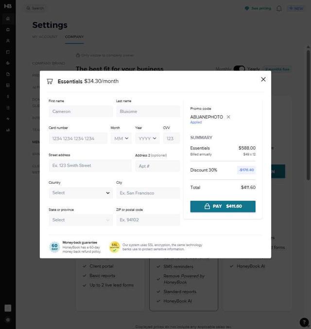 Honeybook checkout page showing Honeybook promo code box | Screenshot taken by SimplyCodes community member on Aug 26, 2025