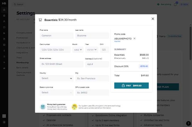 Honeybook checkout page showing Honeybook promo code box | Screenshot taken by SimplyCodes community member on Sep 8, 2025