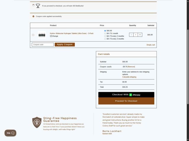 Honey Colony checkout page showing Honey Colony promo code box | Screenshot taken by SimplyCodes community member on Aug 19, 2025