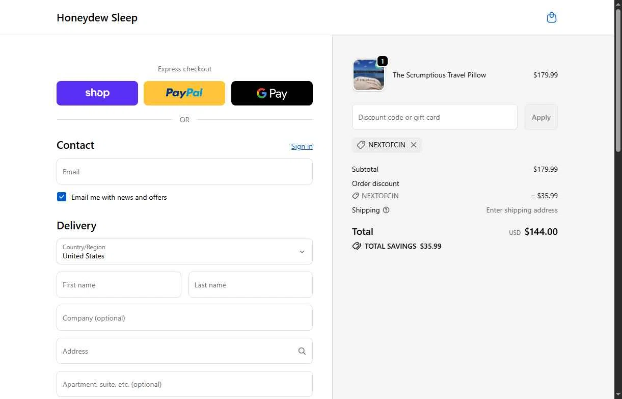Honeydew Sleep checkout page showing Honeydew Sleep discount code box | Screenshot taken by SimplyCodes community member on Jan 6, 2026